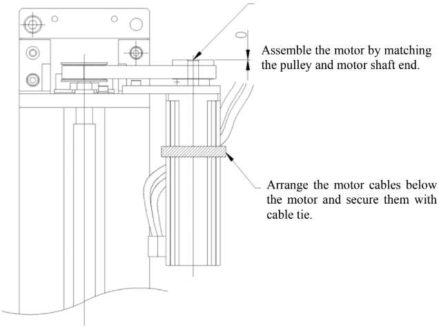 Assemble the motor by matching the pulley and motor shaft end and Arrange the motor cables below the motor and secure them with cable tie.