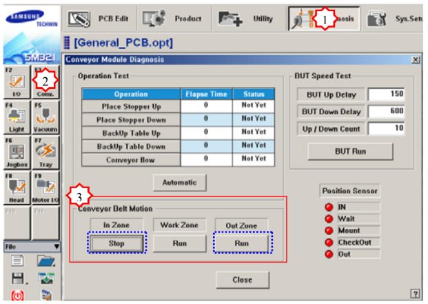 Execute the “Conveyor Module Diagnosis” dialog box to check if the conveyor moves properly